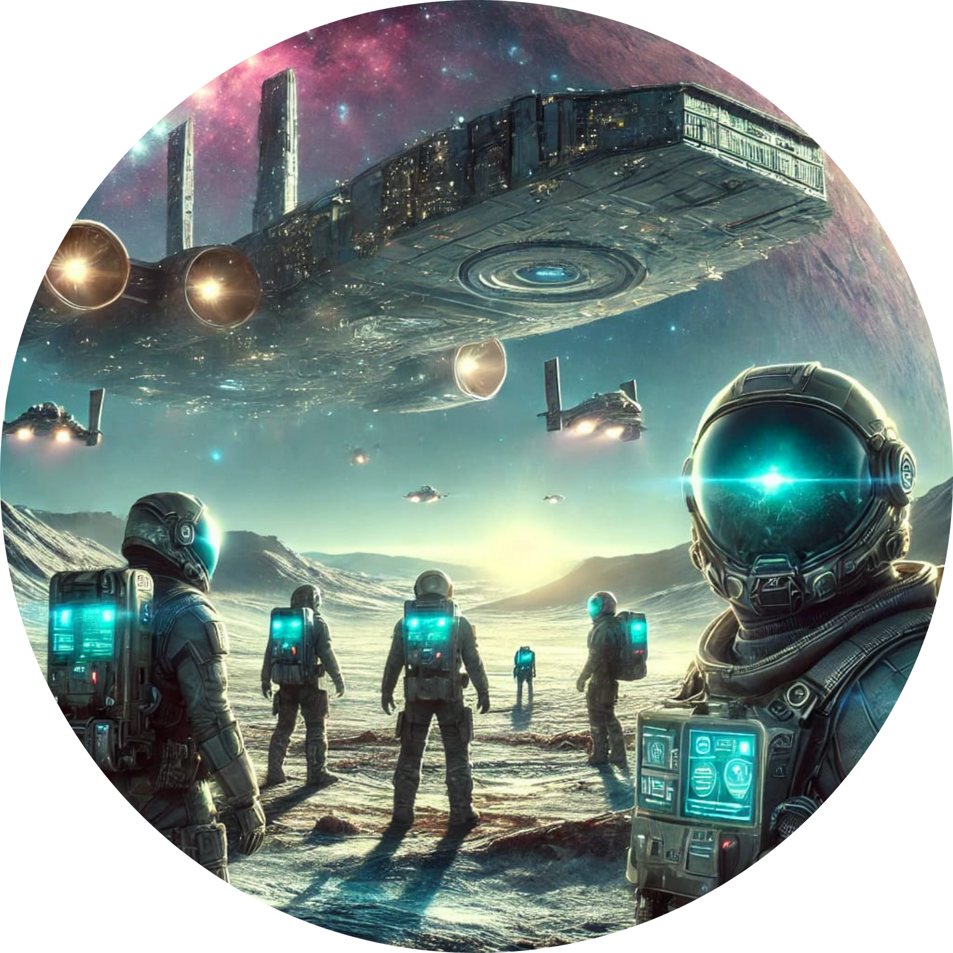 Sci-Fi Szene mit Astronauten und Raumstation im Hintergrund
