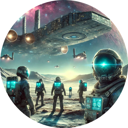 Sci-Fi Szene mit Astronauten und Raumstation im Hintergrund
