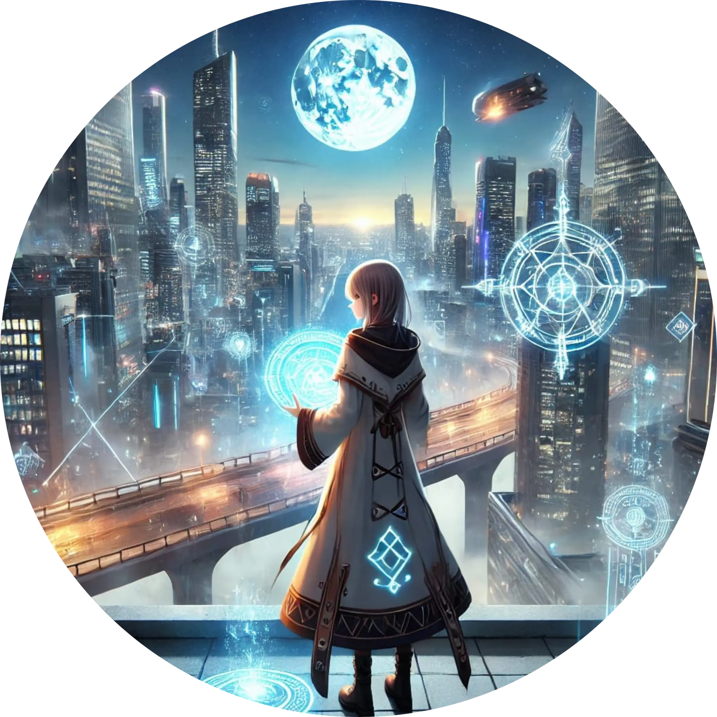 Mädchen mit Kapuze steht auf einem Hochhausdach, umgeben von leuchtenden Kugeln in einer Sci-Fi-Stadt