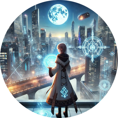 Mädchen mit Kapuze steht auf einem Hochhausdach, umgeben von leuchtenden Kugeln in einer Sci-Fi-Stadt