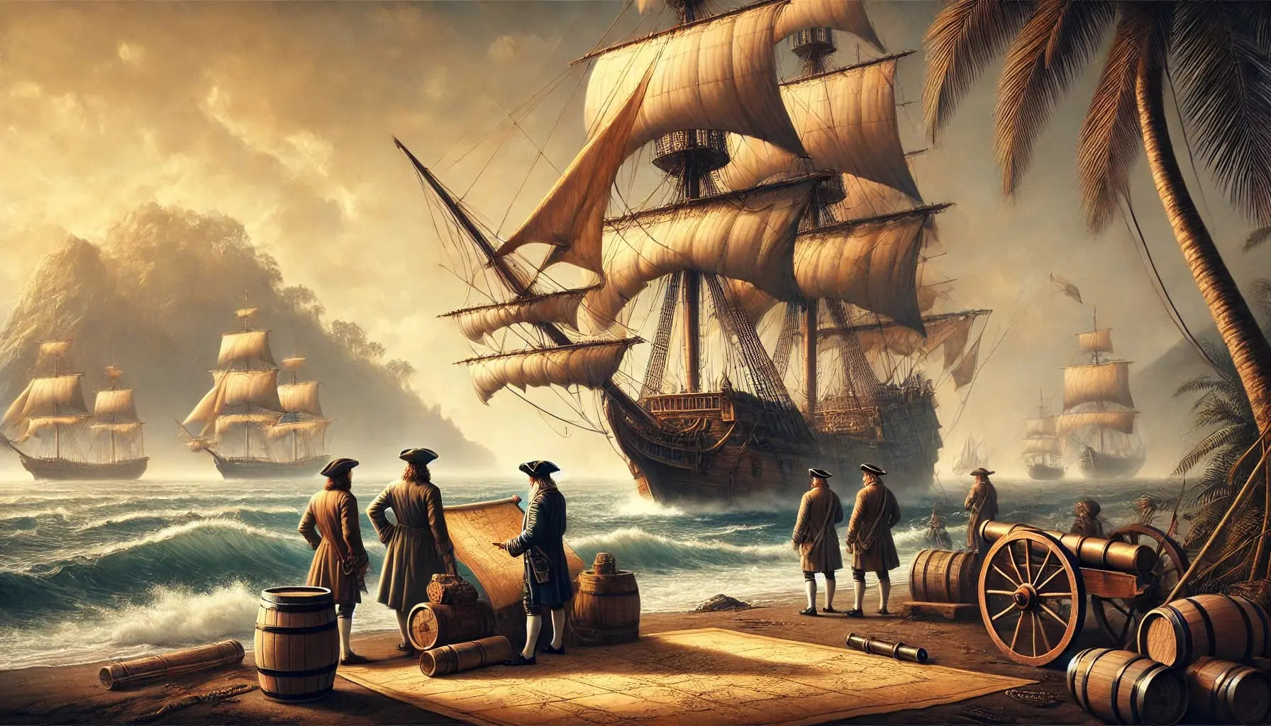 Seefahrer – Aufbruch großer Flotte
Historische Segelschiffe verlassen bei Sonnenaufgang den Hafen, beobachtet von Menschen am Ufer – Szene eines abenteuerlichen Aufbruchs.