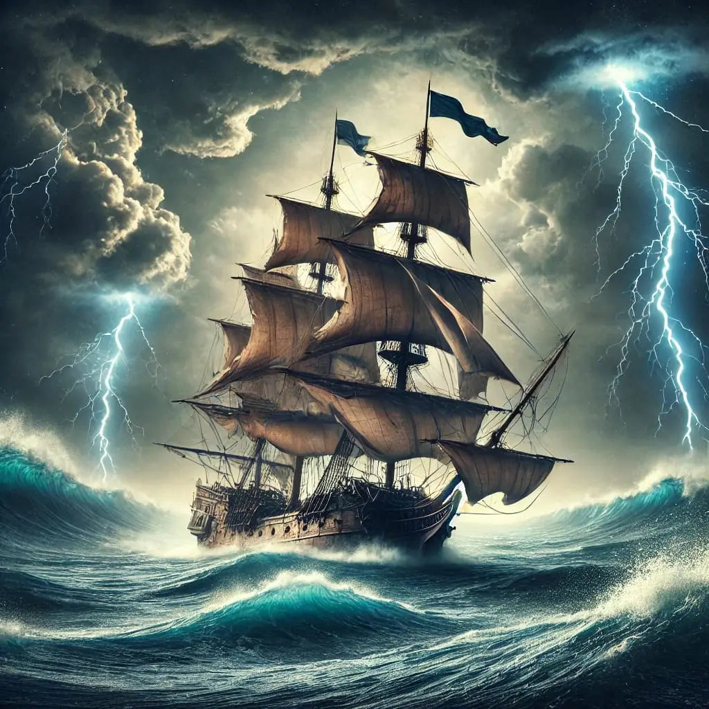 Sturm auf hoher See
Ein mächtiges Segelschiff kämpft gegen hohe Wellen und dramatische Gewitterwolken – dramatische Darstellung eines Seesturms.