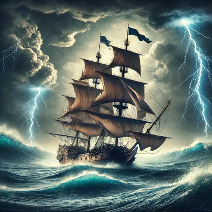 Sturm auf hoher See
Ein mächtiges Segelschiff kämpft gegen hohe Wellen und dramatische Gewitterwolken – dramatische Darstellung eines Seesturms.
