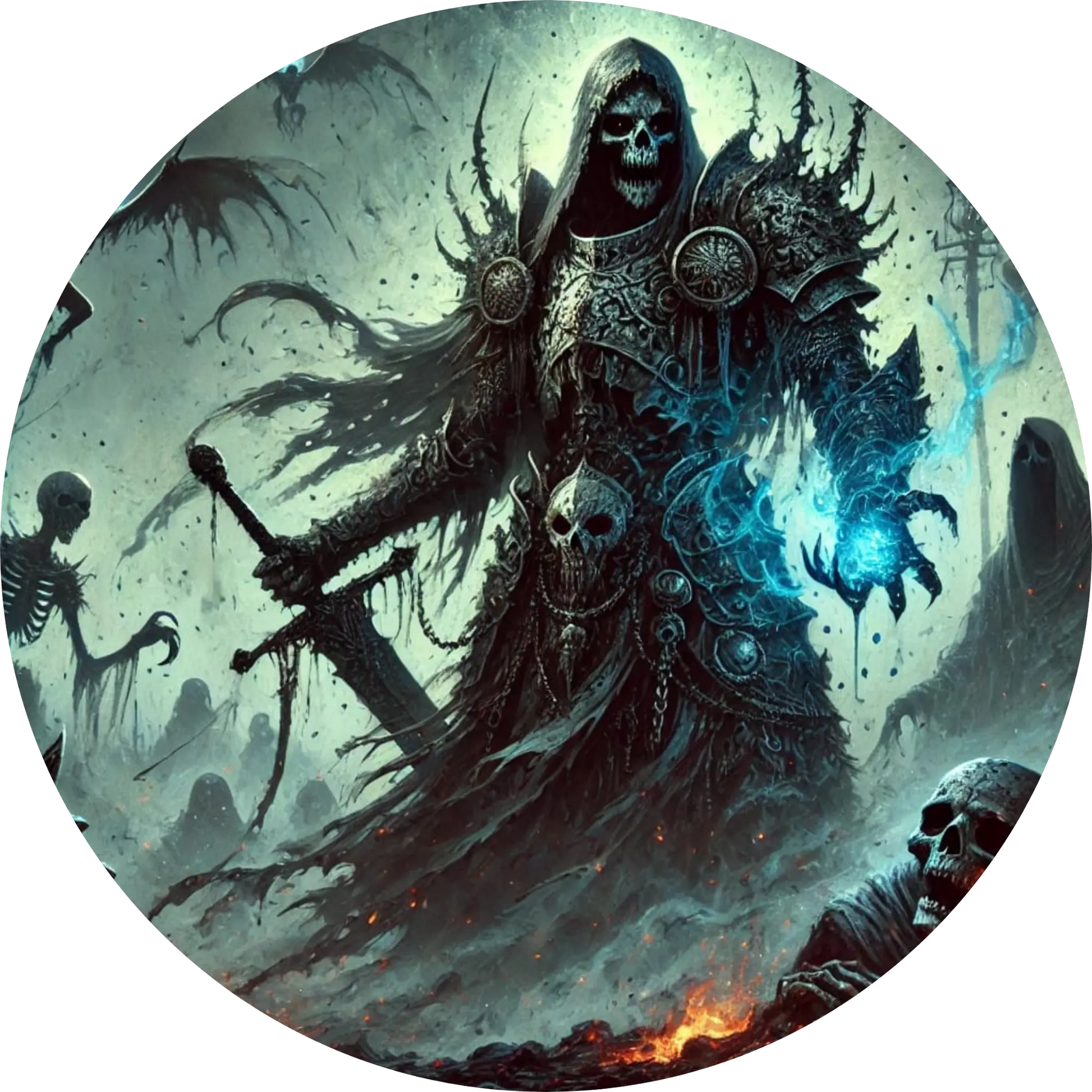 Dunkle Sensenmann-Gestalt mit leuchtenden Augen und flatterndem Mantel