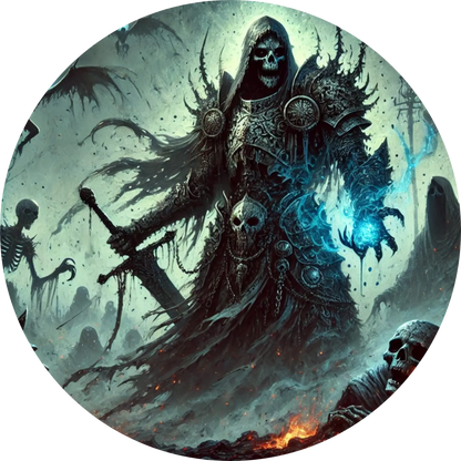 Dunkle Sensenmann-Gestalt mit leuchtenden Augen und flatterndem Mantel