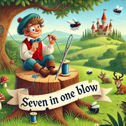 Bunte Szene mit dem tapferen Schneiderlein, das fröhlich durch die Wiese marschiert. Eine Schriftrolle zeigt „Seven in one blow“.