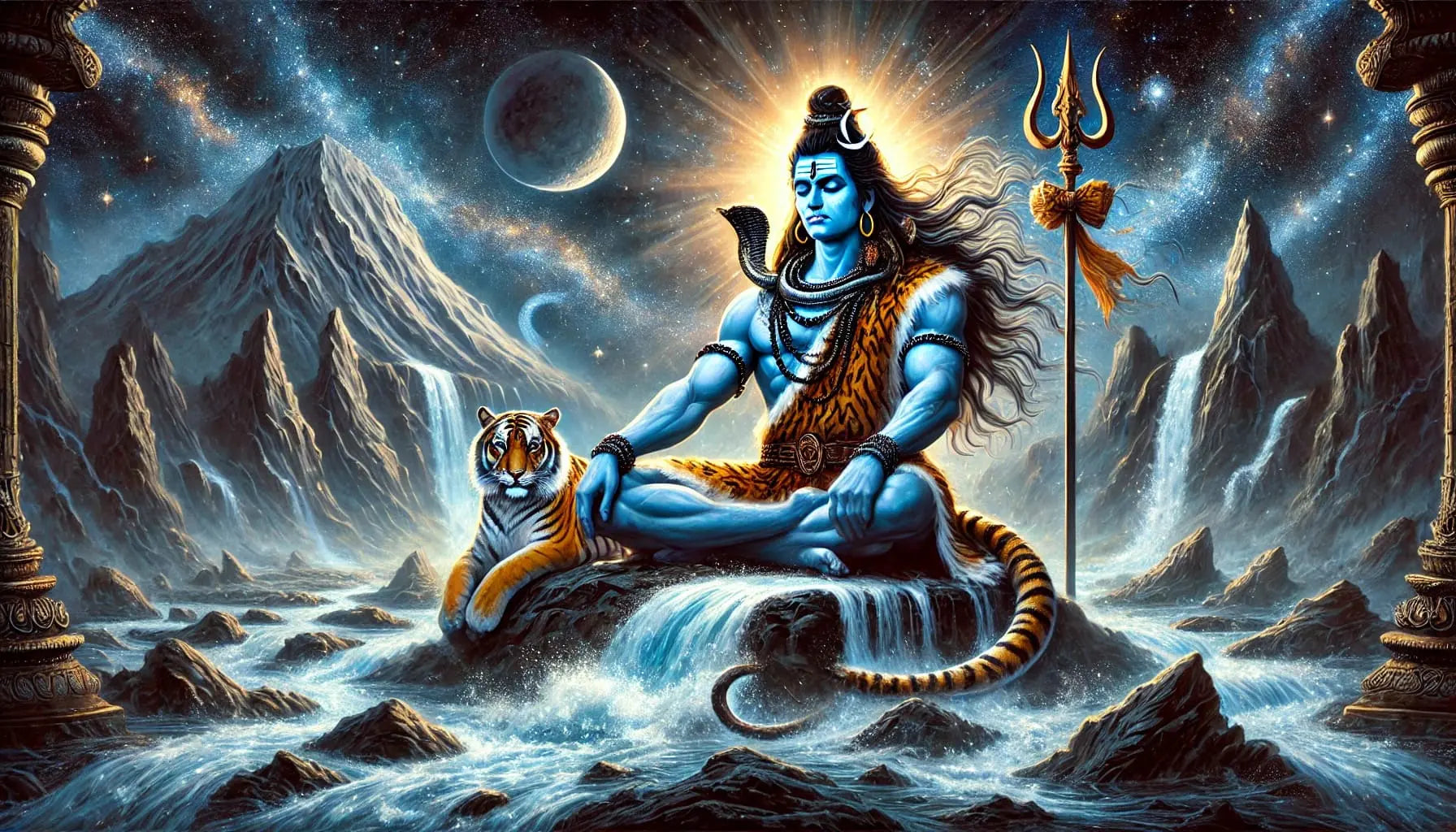 Meditierende Darstellung des blauen Gottes Shiva im Himalaya – mit Dreizack, Tigerfell, Flusslauf und mystischer Mondlandschaft.