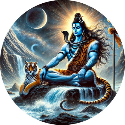 Blaue indische Gottheit Shiva in meditierender Pose – Darstellung spiritueller Ruhe