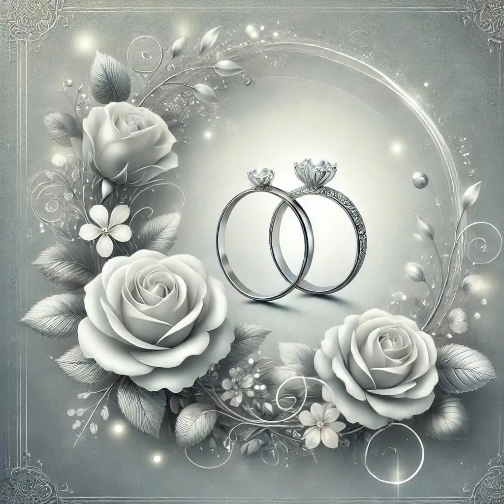 Zwei silberne Verlobungsringe umgeben von weißen Rosen und floralen Ornamenten – Symbolbild für Verlobung und Liebe.