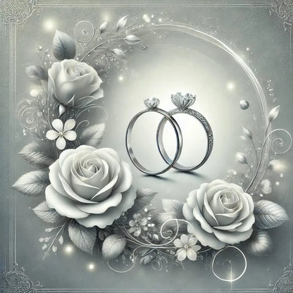 Zwei silberne Verlobungsringe umgeben von weißen Rosen und floralen Ornamenten – Symbolbild für Verlobung und Liebe.