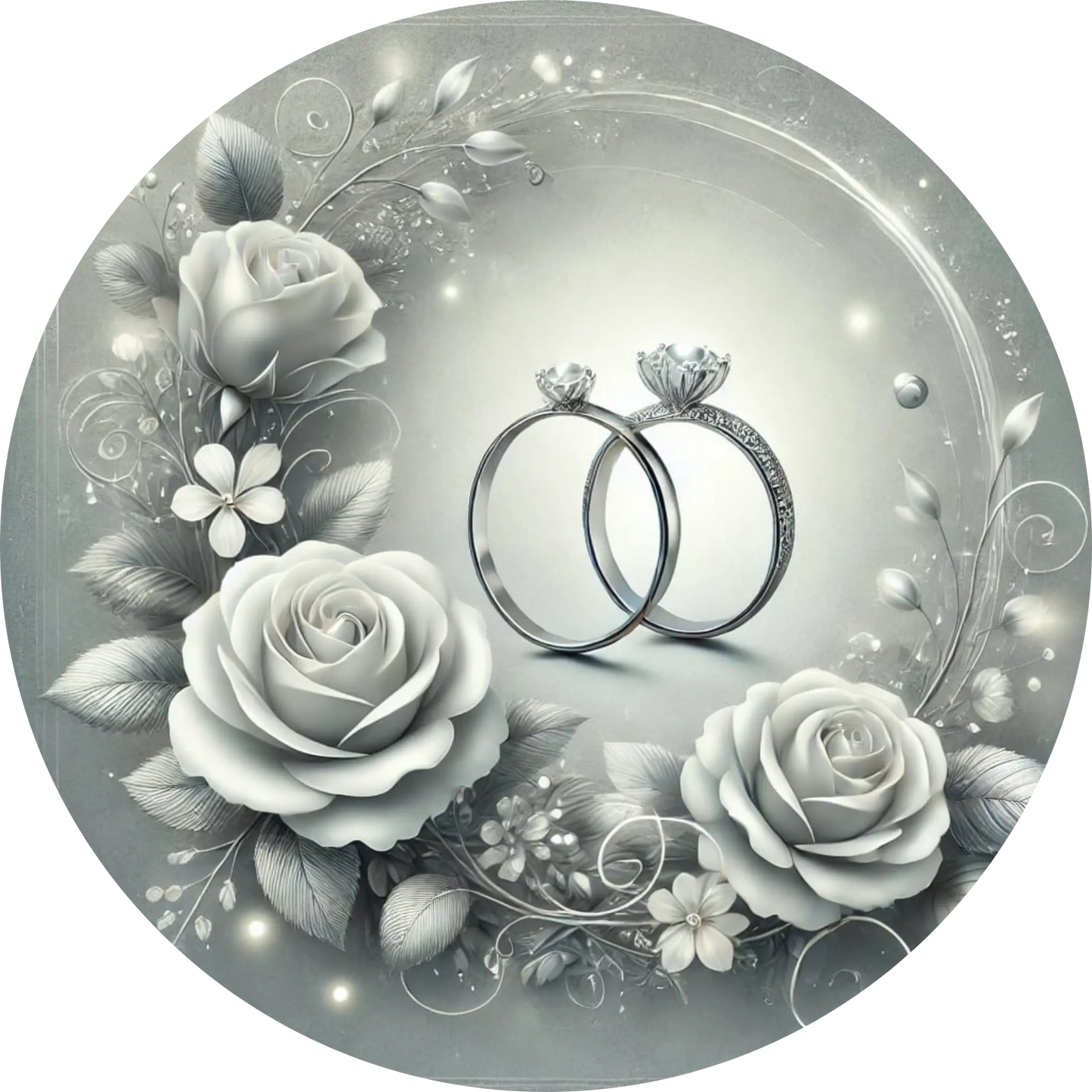 Silberne Ringe mit weißen Rosen auf strukturierter Oberfläche – elegantes Design