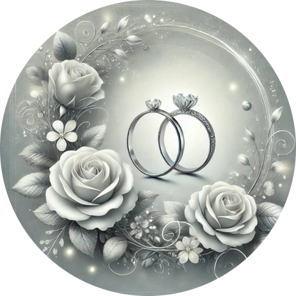 Silberne Ringe mit weißen Rosen auf strukturierter Oberfläche – elegantes Design