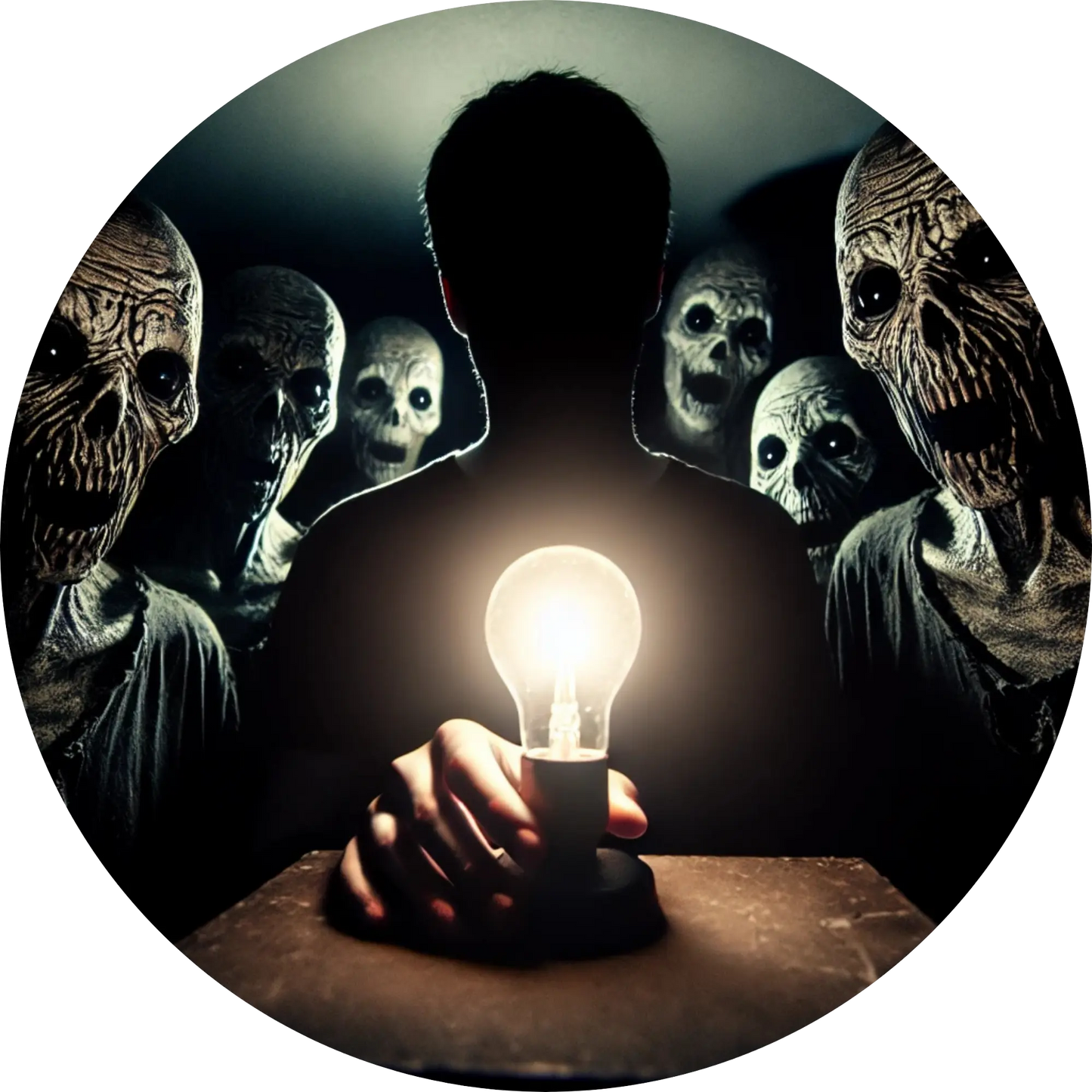 Mensch mit leerem Gesichte und gruselige Wesen sitzen im Kreis um eine Glühbirne
