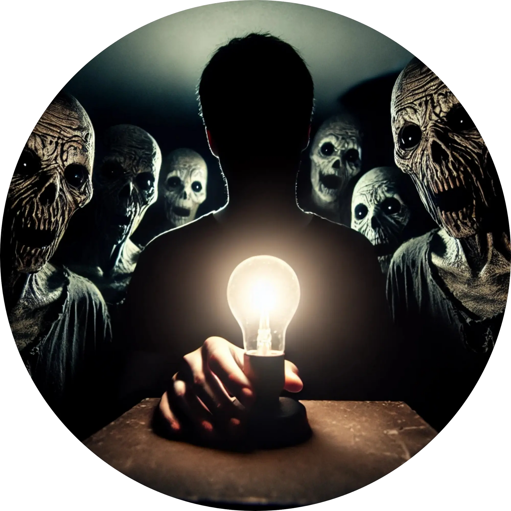 Mensch mit leerem Gesichte und gruselige Wesen sitzen im Kreis um eine Glühbirne
