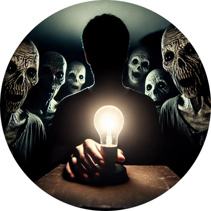 Mensch mit leerem Gesichte und gruselige Wesen sitzen im Kreis um eine Glühbirne
