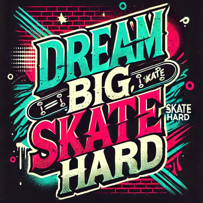 Skater-Motiv mit Spruch – Illustration mit Text: „Dream Big, Skate Hard“ in leuchtendem Graffiti-Stil.