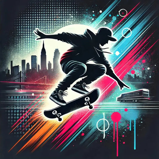 Jugendlicher Skateboarder bei Sonnenuntergang – Ein stilisierter Junge springt mit seinem Skateboard vor einer urbanen Skyline in einer farbenfrohen Abenddämmerung.