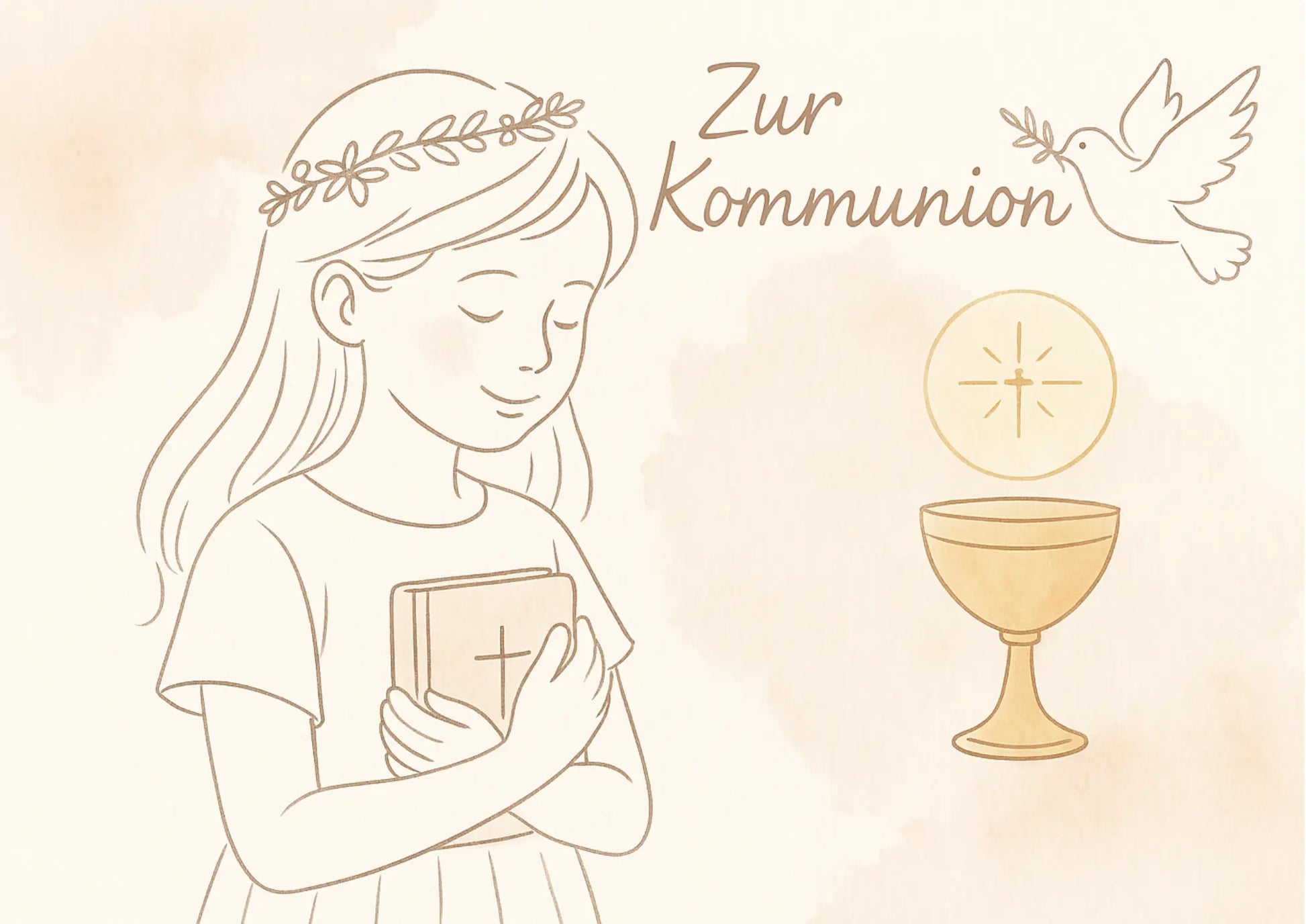 Skizze eines Mädchens mit Schriftzug „Zur Kommunion“ – schlicht und kindlich