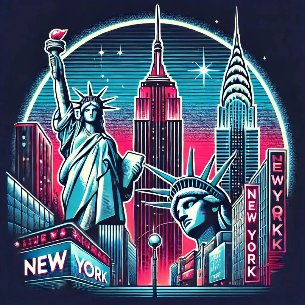 New York-Illustration mit Freiheitsstatue und Skyline – Stilisiertes USA-Motiv mit Hochhäusern und leuchtendem Stadtflair.