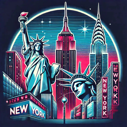 New York-Illustration mit Freiheitsstatue und Skyline – Stilisiertes USA-Motiv mit Hochhäusern und leuchtendem Stadtflair.