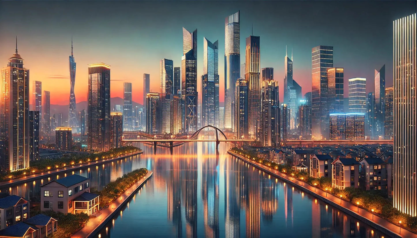 Futuristische Großstadt bei Sonnenuntergang mit moderner Skyline und leuchtender Spiegelung im Wasser.