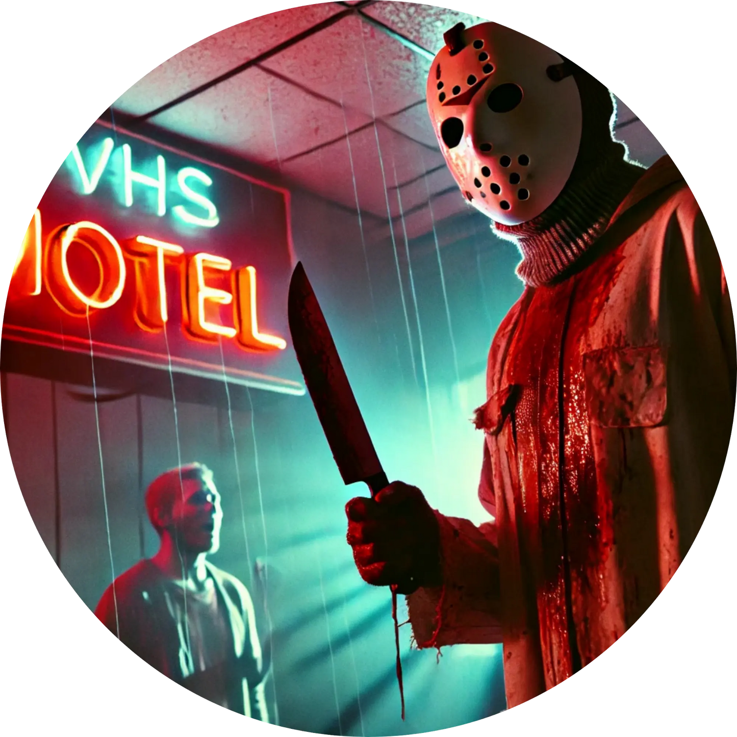 Slasher-Figur mit Maske und blutverschmiertem Messer vor VHS-Motel
