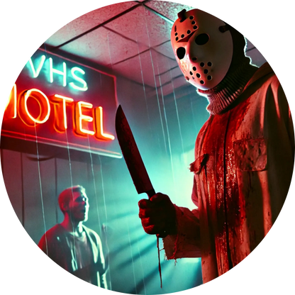 Slasher-Figur mit Maske und blutverschmiertem Messer vor VHS-Motel
