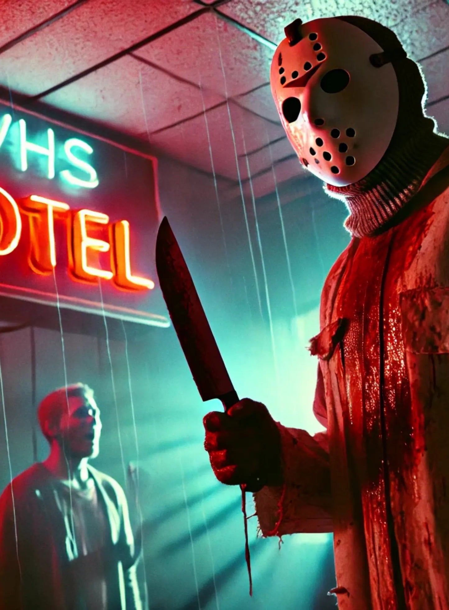 Slasher-Figur mit weißer Maske, rotem Hoodie und Messer – verzerrter VHS-Effekt mit Zeitstempel „1989“ verstärkt das Gefühl eines gefundenen Horror-Videotape