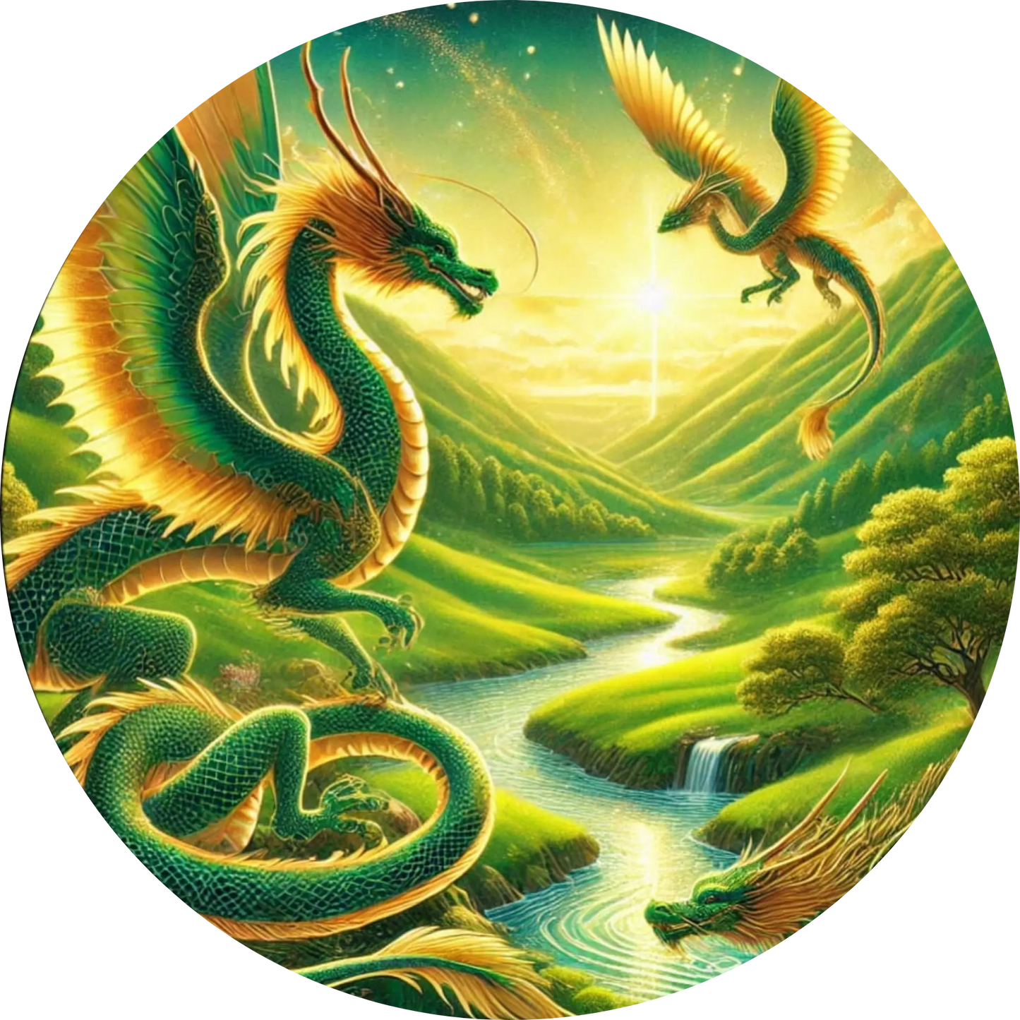 Zwei smaragdgrüne Drachen – grün-leuchtender Landschaft