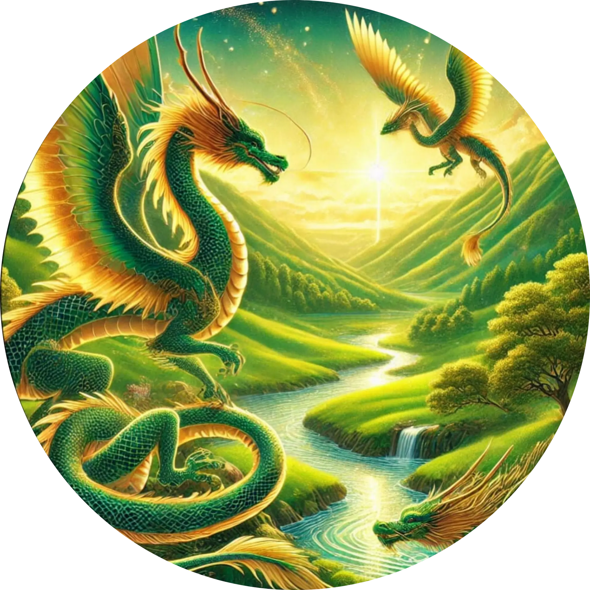 Zwei smaragdgrüne Drachen – grün-leuchtender Landschaft