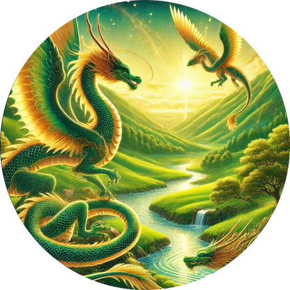 Zwei smaragdgrüne Drachen – grün-leuchtender Landschaft