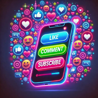 Social-Media-Smartphone mit Herzen und Likes – Ein beleuchtetes Smartphone mit Buttons wie Like, Comment und Subscribe.