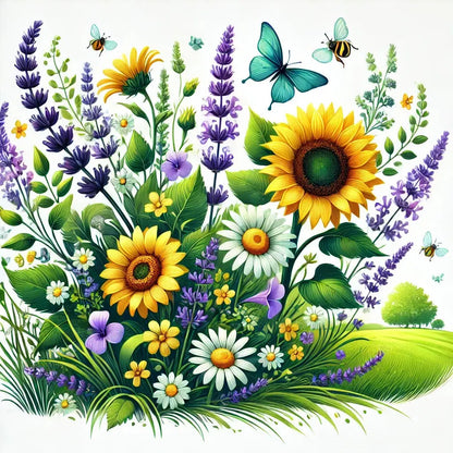 : Fröhliche Blumenwiese mit bunten Blüten, Schmetterlingen und Bienen vor einem sonnigen Himmel