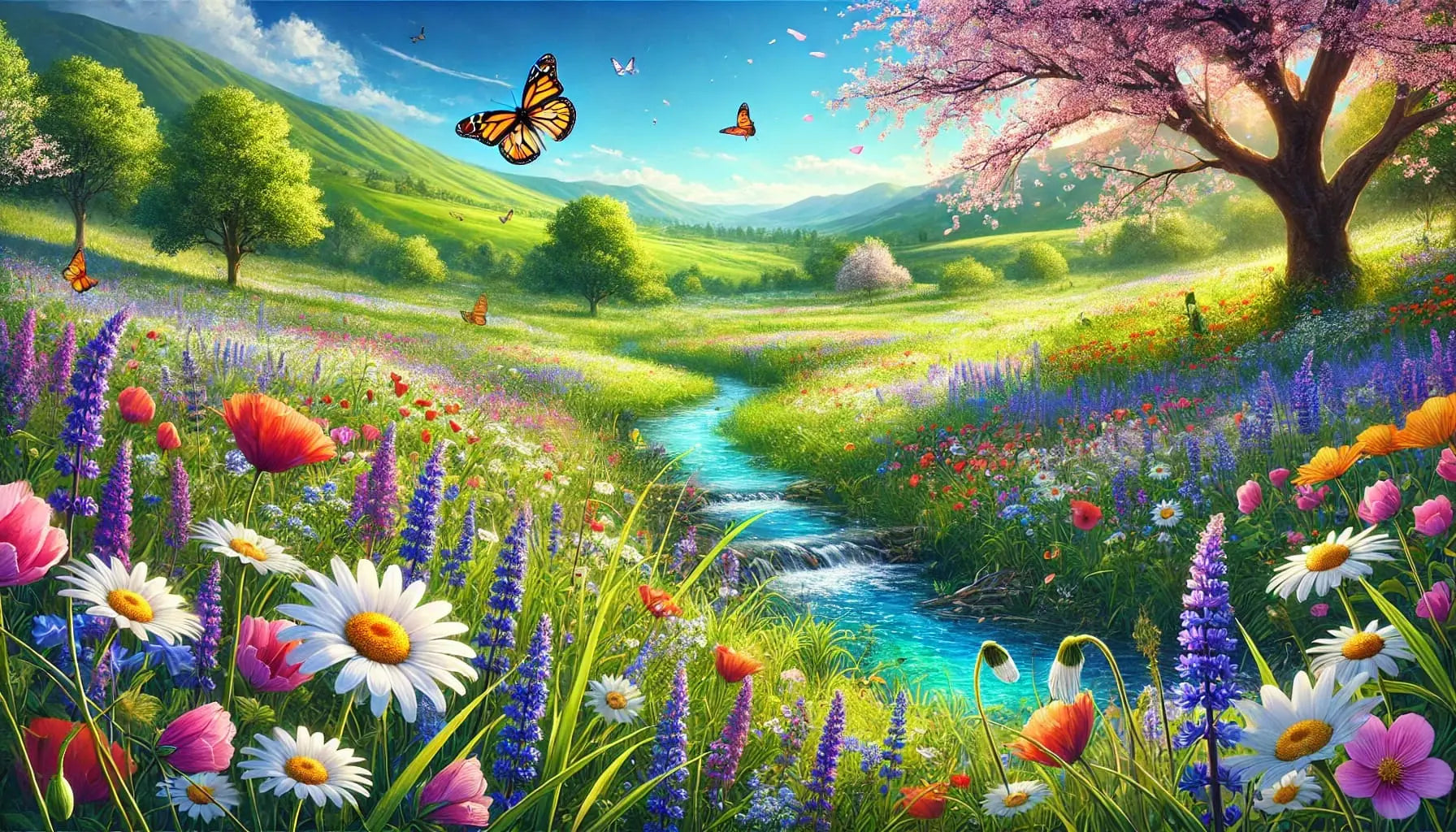 Blumenwiese im Sommer mit sanftem Licht und Pastelltönen