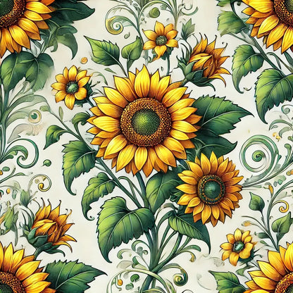  Detaillierte Sonnenblumenillustration mit verschnörkelten Blättern und Ranken auf hellem Hintergrund