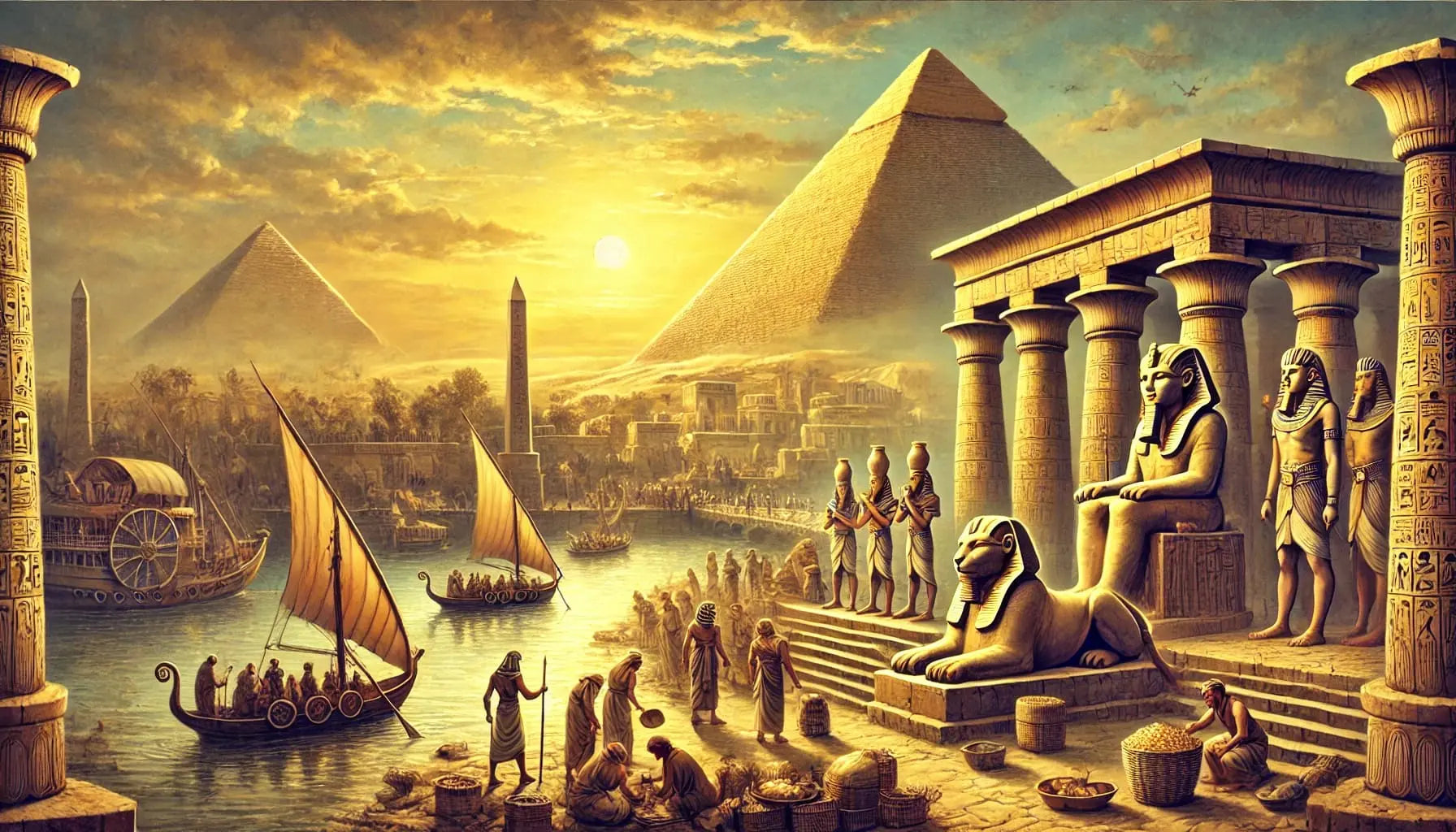 Mythische Darstellung einer ägyptischen Gottheit mit ausgebreiteten Flügeln und einer goldenen Sonnenscheibe, auf einem prachtvollen Barkenboot unter einem Sternenhimmel.