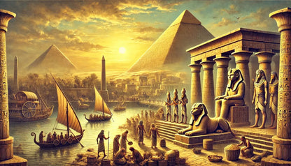 Mythische Darstellung einer ägyptischen Gottheit mit ausgebreiteten Flügeln und einer goldenen Sonnenscheibe, auf einem prachtvollen Barkenboot unter einem Sternenhimmel.