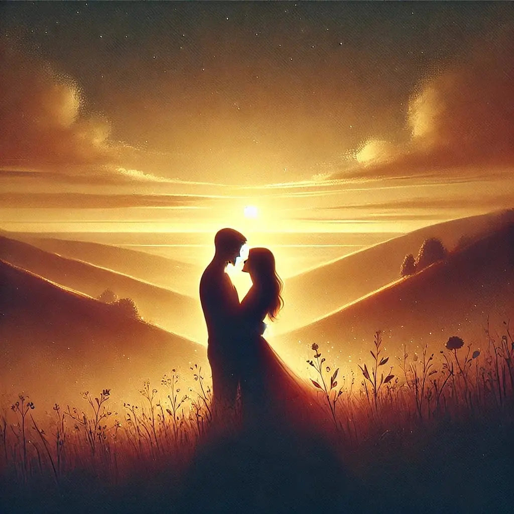 Romantische Silhouette eines Paares in den Armen des anderen bei Sonnenuntergang in einer verträumten Landschaft.