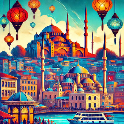 Stimmungsvolle Illustration von Istanbul mit Blick auf die Hagia Sophia und die Blaue Moschee, umgeben von traditionell osmanischer Architektur und farbenfrohen Laternen. Im Vordergrund fährt ein Boot auf dem Wasser, während im Hintergrund ein türkisches Fest mit lebhafter Atmosphäre gefeiert wird.