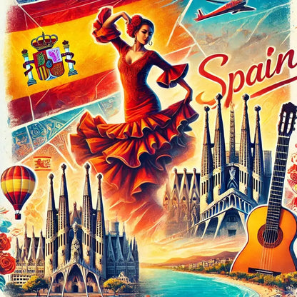  Leidenschaftliches Spanien-Motiv mit Tänzerin, Gitarre und Sagrada Familia – dynamisches Design in warmen Farben.