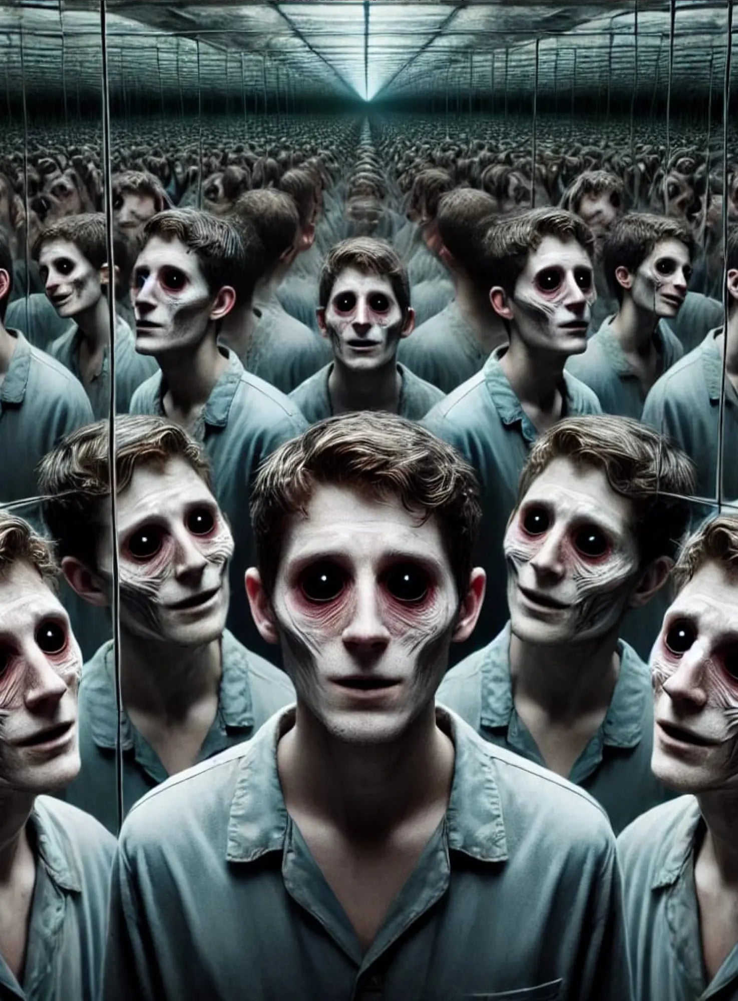 Gruselige Menschenmenge mit ausdruckslosen Gesichtern und dunklen Augenhöhlen. Albtraumhafte Darstellung von Gleichschaltung und Identitätsverlust.