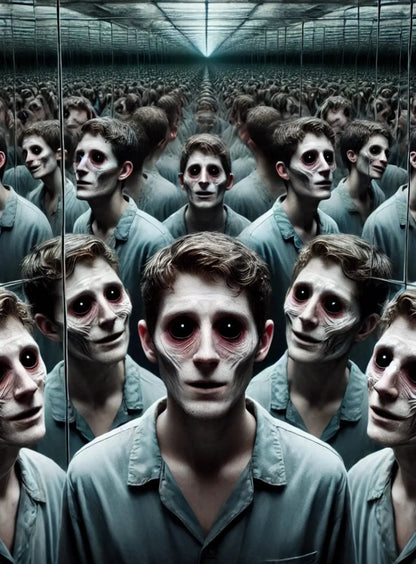 Gruselige Menschenmenge mit ausdruckslosen Gesichtern und dunklen Augenhöhlen. Albtraumhafte Darstellung von Gleichschaltung und Identitätsverlust.