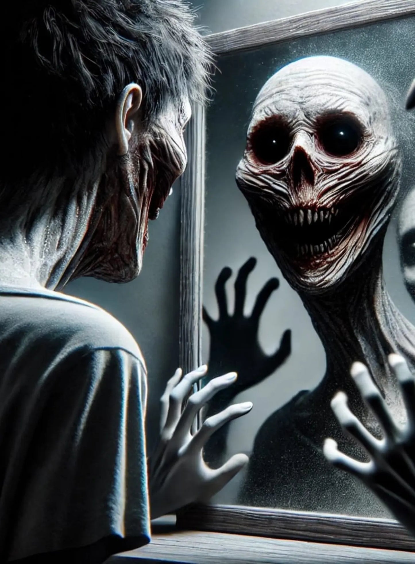 Verstörendes Motiv in Schwarz-Weiß – zwei Personen vor einem Wandspiegel, ihre Spiegelbilder grotesk verzerrt mit grinsenden Totenschädeln und klaffenden Augenhöhlen.