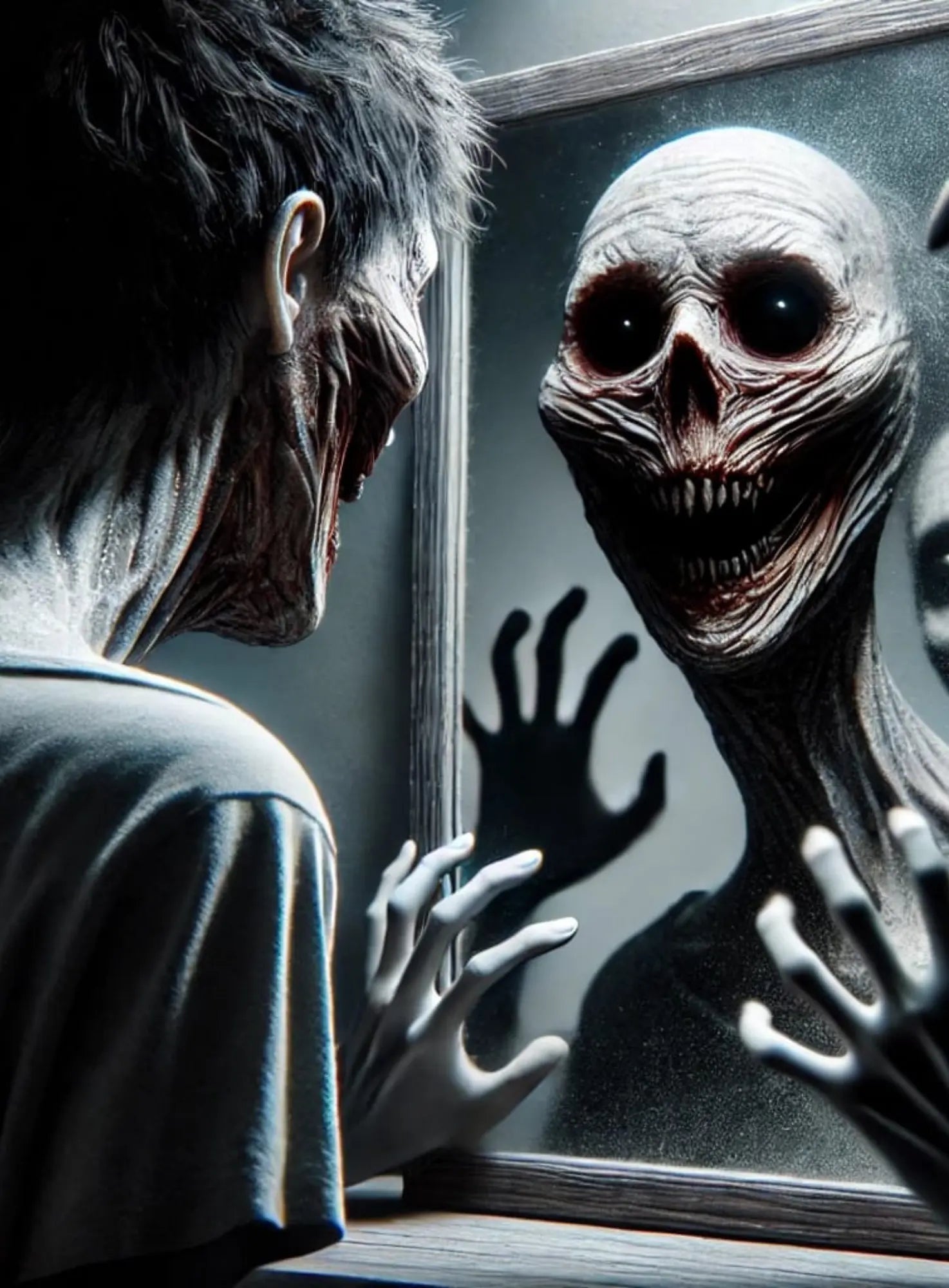 Verstörendes Motiv in Schwarz-Weiß – zwei Personen vor einem Wandspiegel, ihre Spiegelbilder grotesk verzerrt mit grinsenden Totenschädeln und klaffenden Augenhöhlen.