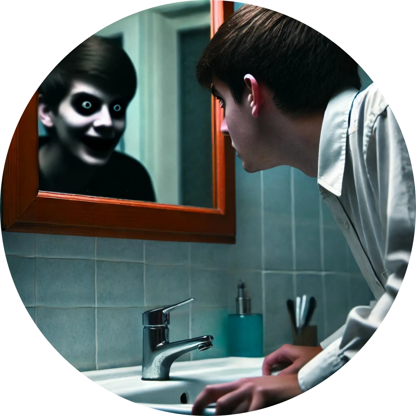 
Kindliches Spukwesen mit schwarzen Augen blickt aus einem Badezimmerspiegel
