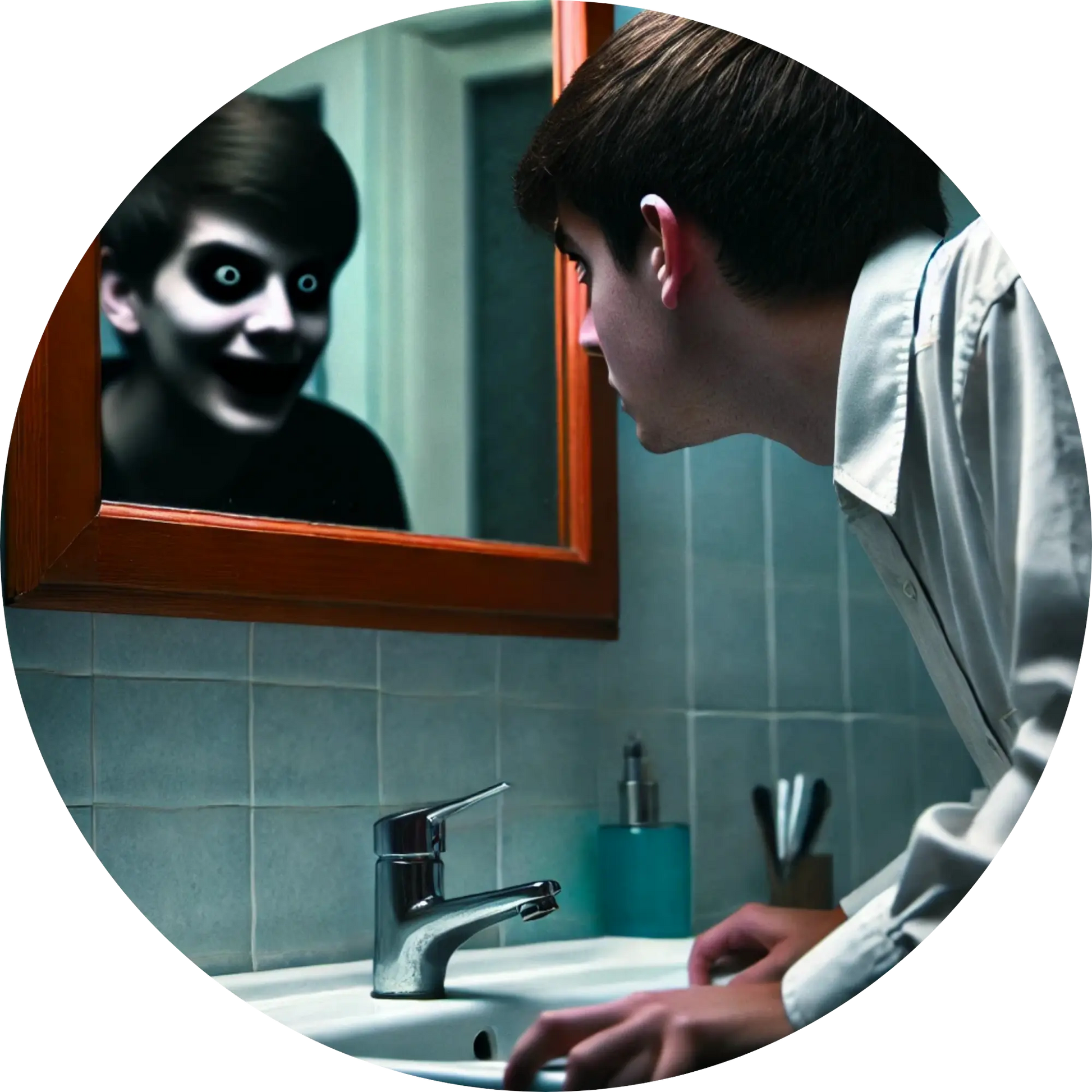 
Kindliches Spukwesen mit schwarzen Augen blickt aus einem Badezimmerspiegel
