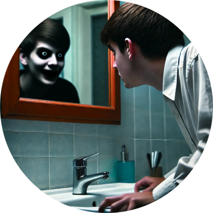 
Kindliches Spukwesen mit schwarzen Augen blickt aus einem Badezimmerspiegel
