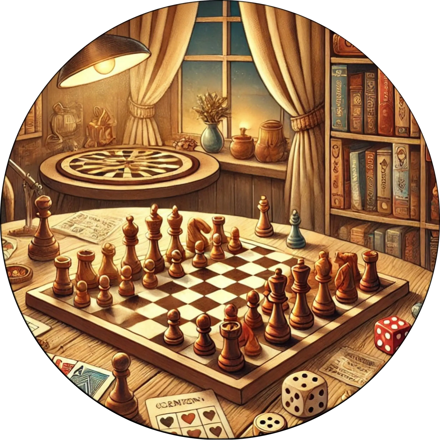 Ein Schachbrett mit aufgestellten Figuren in einem edlen, bibliotheksähnlichen Raum – ein strategisches Motiv für Schachliebhaber und Denksportfreunde.