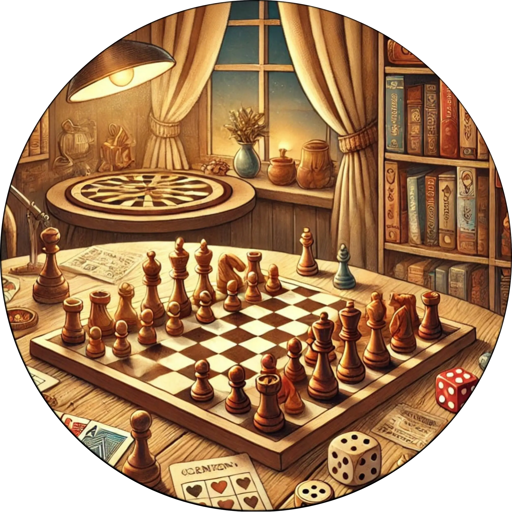 Ein Schachbrett mit aufgestellten Figuren in einem edlen, bibliotheksähnlichen Raum – ein strategisches Motiv für Schachliebhaber und Denksportfreunde.