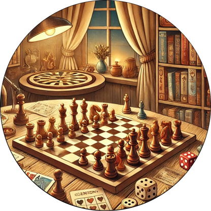 Ein Schachbrett mit aufgestellten Figuren in einem edlen, bibliotheksähnlichen Raum – ein strategisches Motiv für Schachliebhaber und Denksportfreunde.